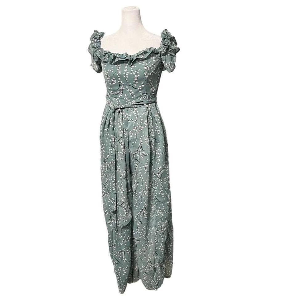 Saints + Secrets Sage Floral Belted Off Ruffle Shoulder Jumpsuit Size Medium NWT